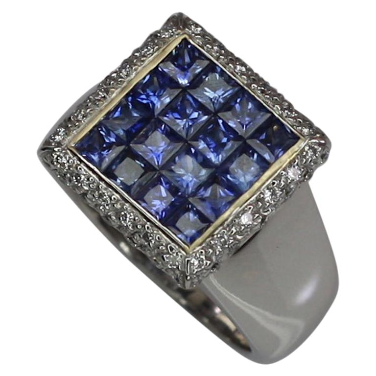 Georgios Collections 18 Karat White Gold Princess Cut Sapphires and Diamond Ring For Sale