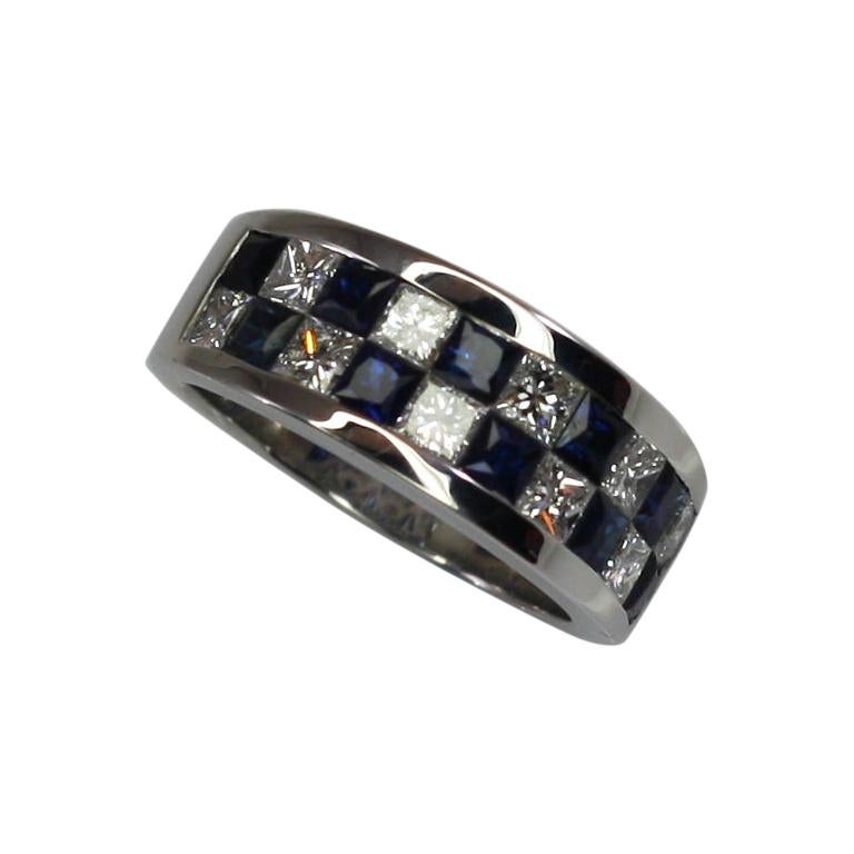 Georgios Collections 18 Karat White Gold Princess Cut Diamond Blue Sapphire Ring For Sale