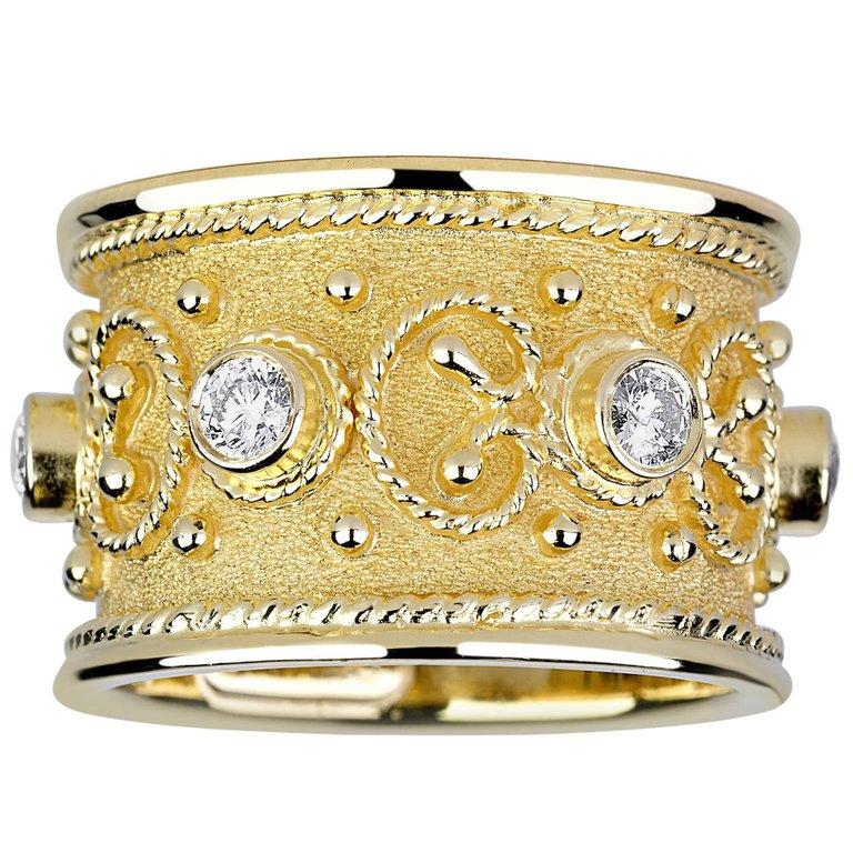 Byzantine Georgios Collections 18 Karat White Gold Diamond Yellow Rhodium Wide Band Ring  For Sale