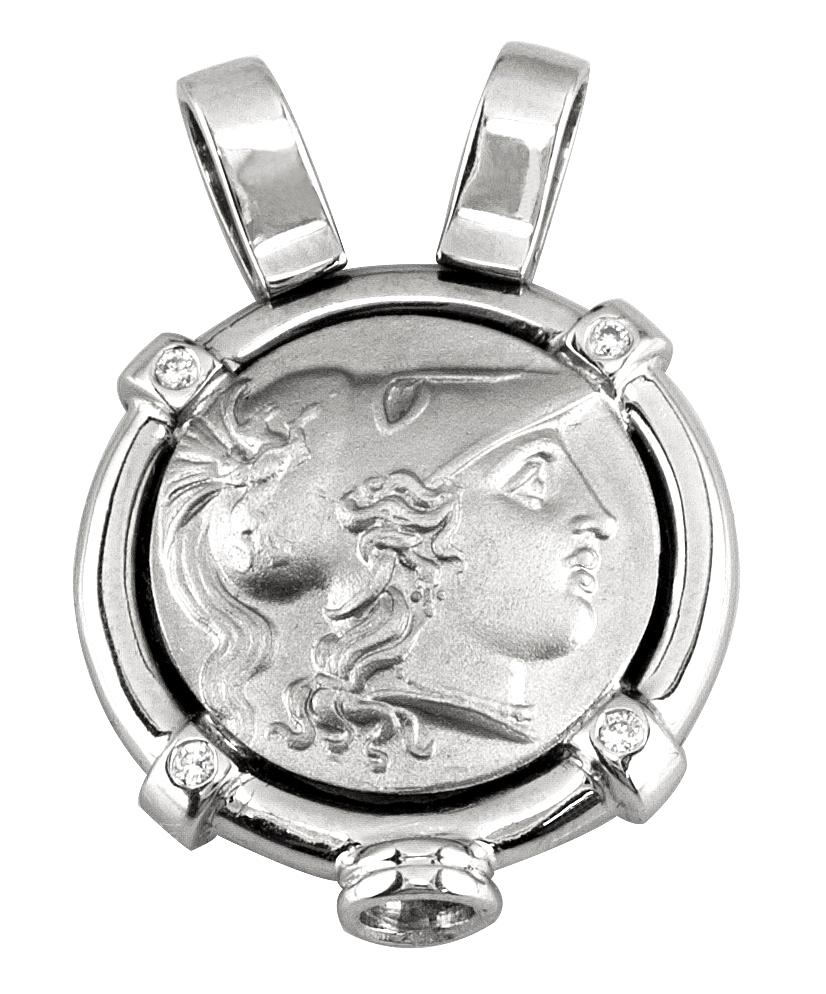 Georgios Collections 18 Karat White Gold Diamond Coin Pendant Necklace of Athena For Sale 5