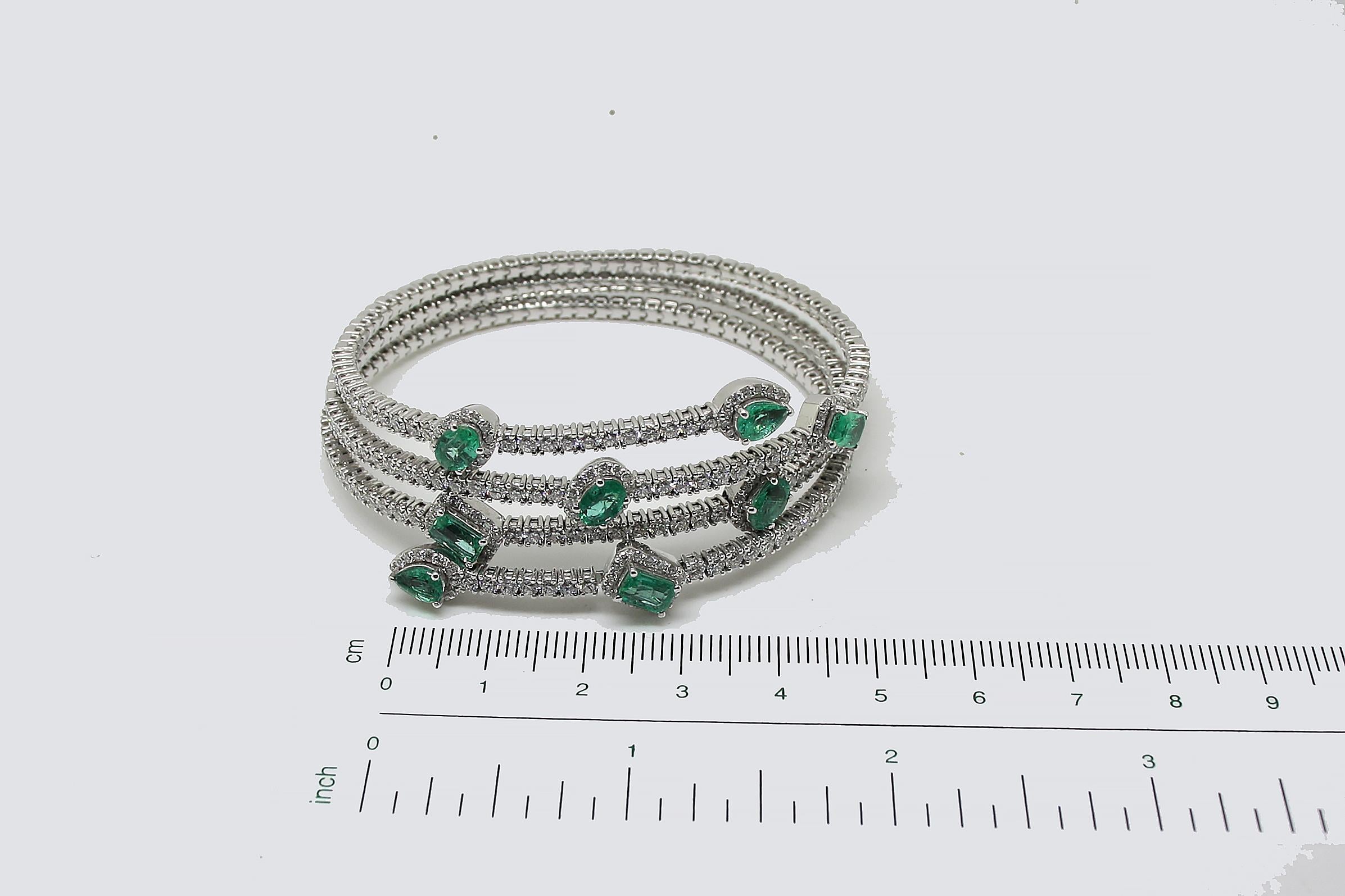 Georgios Collections 18 Karat White Gold Diamond Emerald Wrap Wide Cuff Bracelet For Sale 1