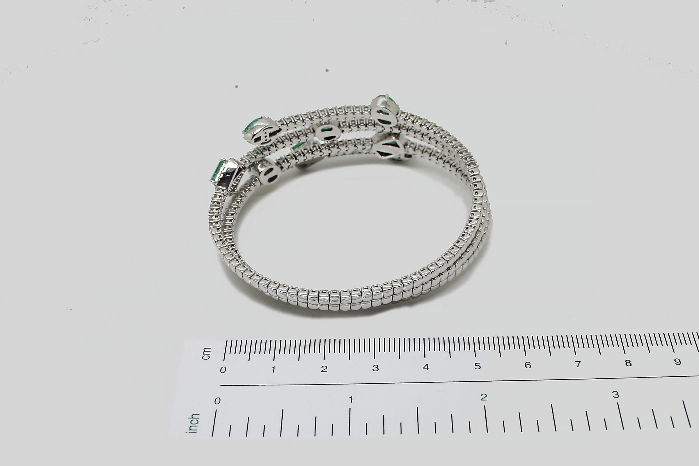 Georgios Collections 18 Karat White Gold Diamond Emerald Wrap Wide Cuff Bracelet For Sale 2
