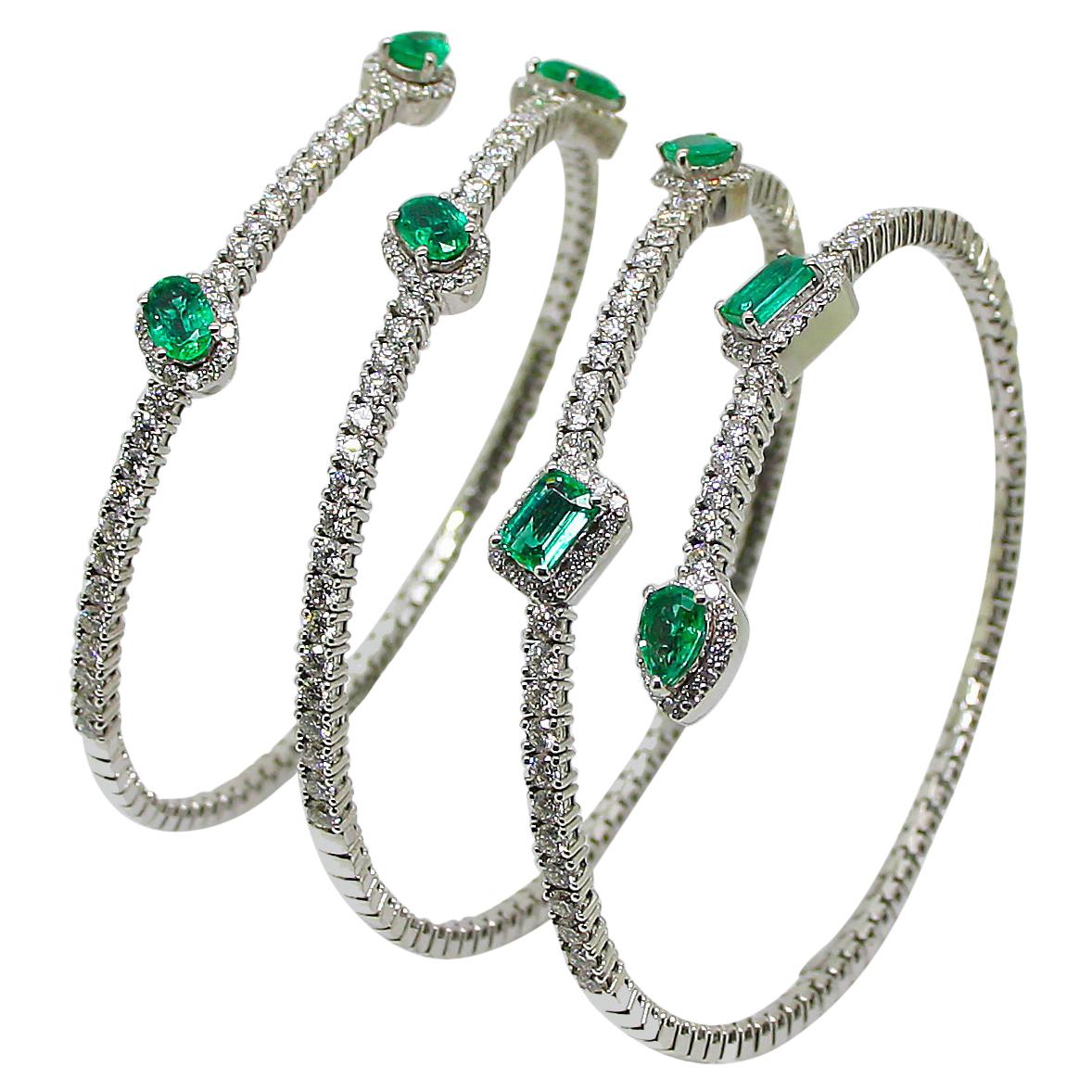 Georgios Collections 18 Karat White Gold Diamond Emerald Wrap Wide Cuff Bracelet For Sale