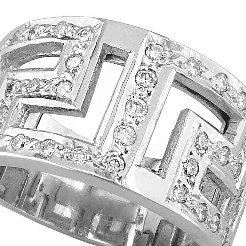 Classical Greek Georgios Collections 18 Karat White Gold Diamond Greek Key Wide Band Ring For Sale