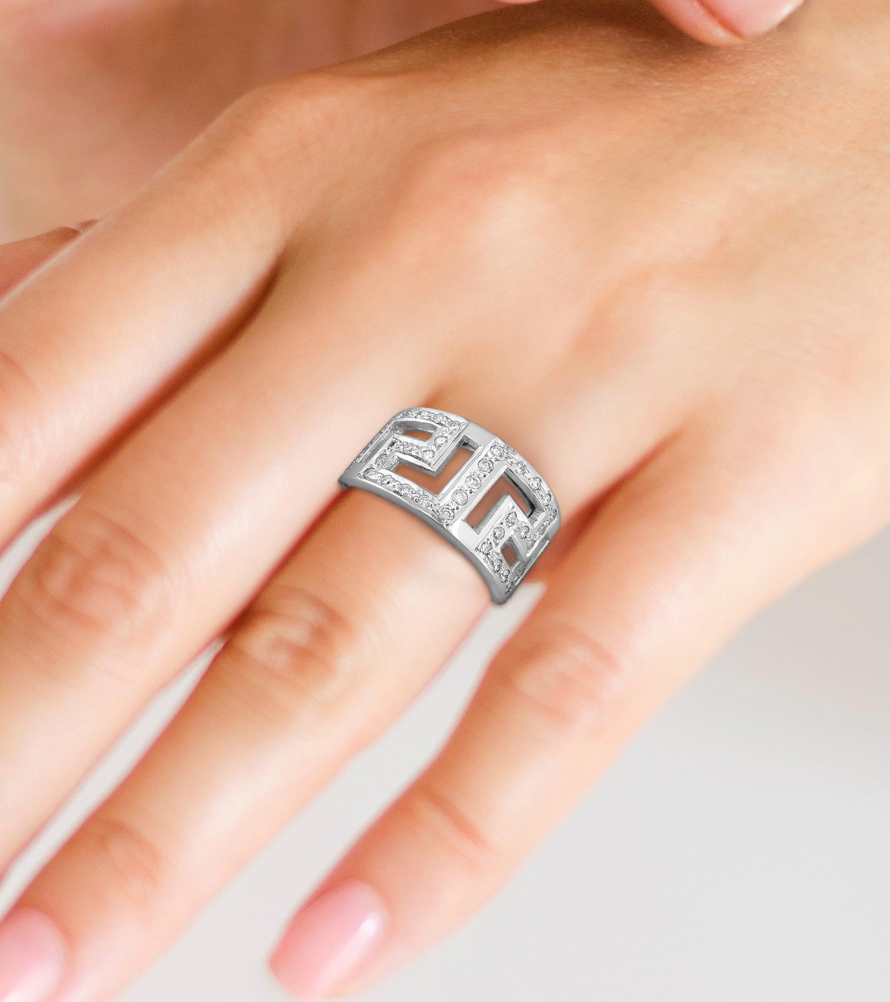 Georgios Collections 18 Karat White Gold Diamond Greek Key Wide Band Ring For Sale 1