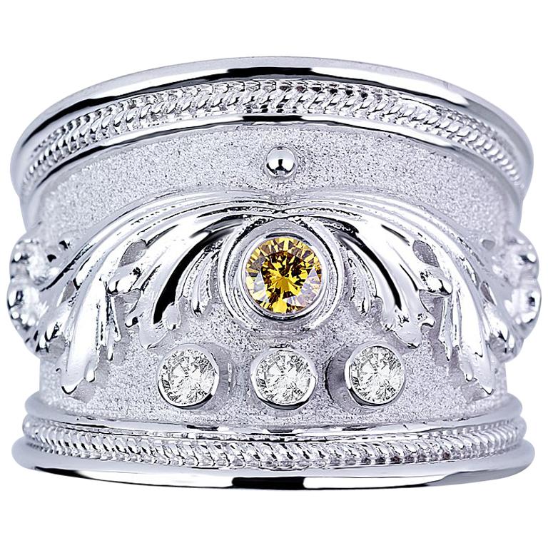 Georgios Collections 18 Karat White Gold Diamond Band Ring with a Yellow Diamond For Sale