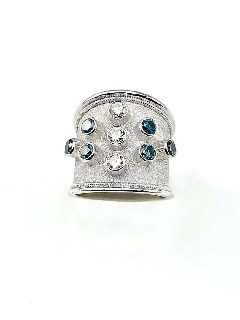 Byzantine Georgios Collections 18 Karat White Gold Blue and White Diamonds Wide Band Ring For Sale