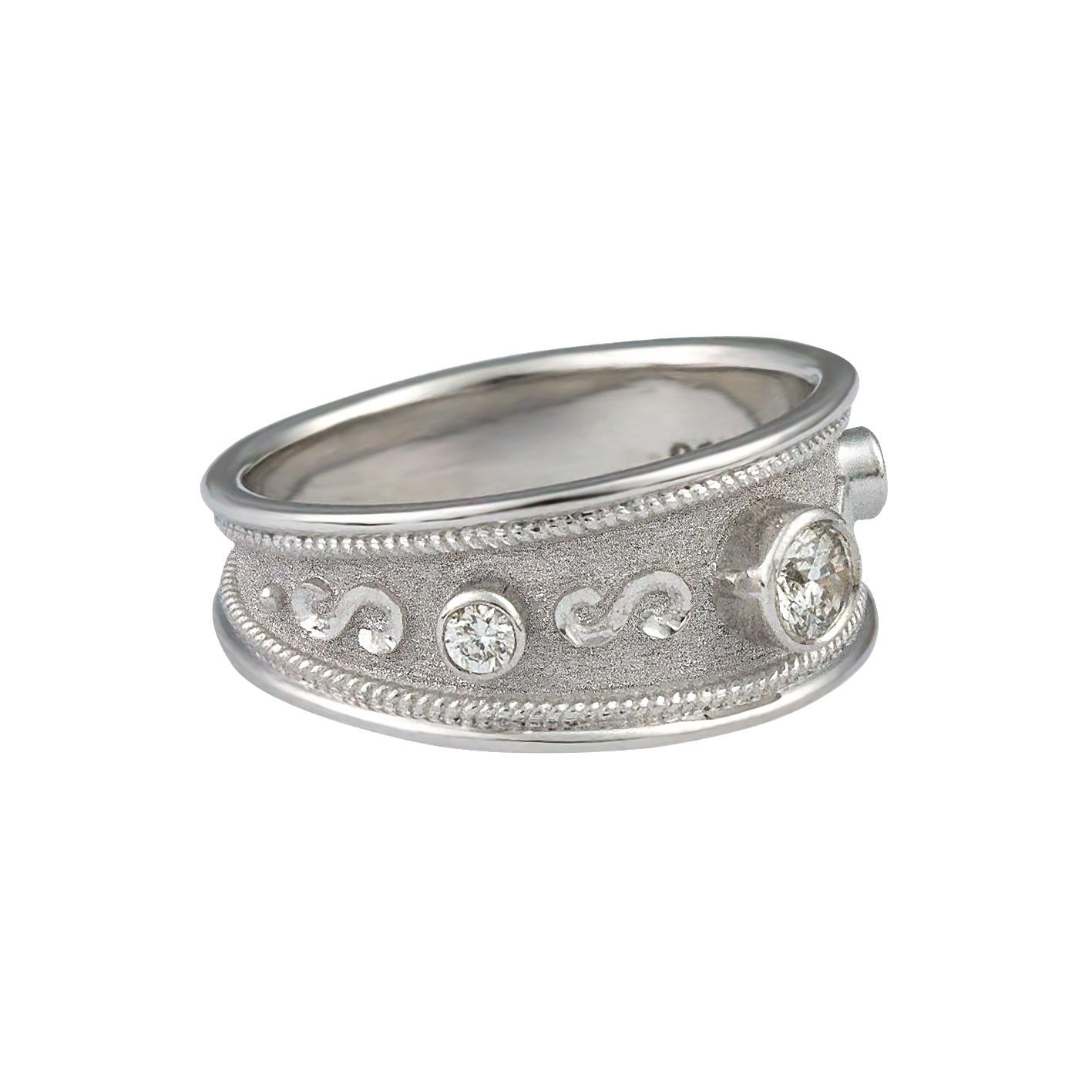 Byzantine Georgios Collections 18 Karat White Gold Diamond Band Ring with Granulation For Sale