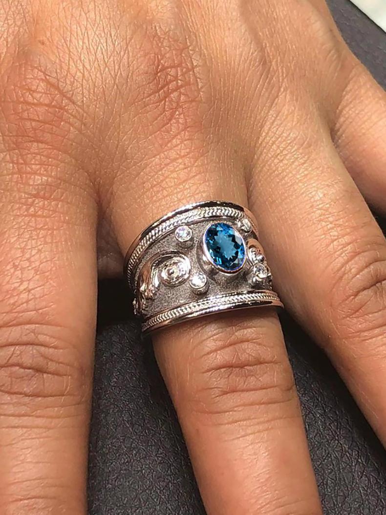 Oval Cut Georgios Collections 18 Karat White Gold Diamond  Blue Topaz Wide Band Ring For Sale