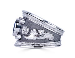 Georgios Collections 18 Karat White Gold Diamond  Blue Topaz Wide Band Ring