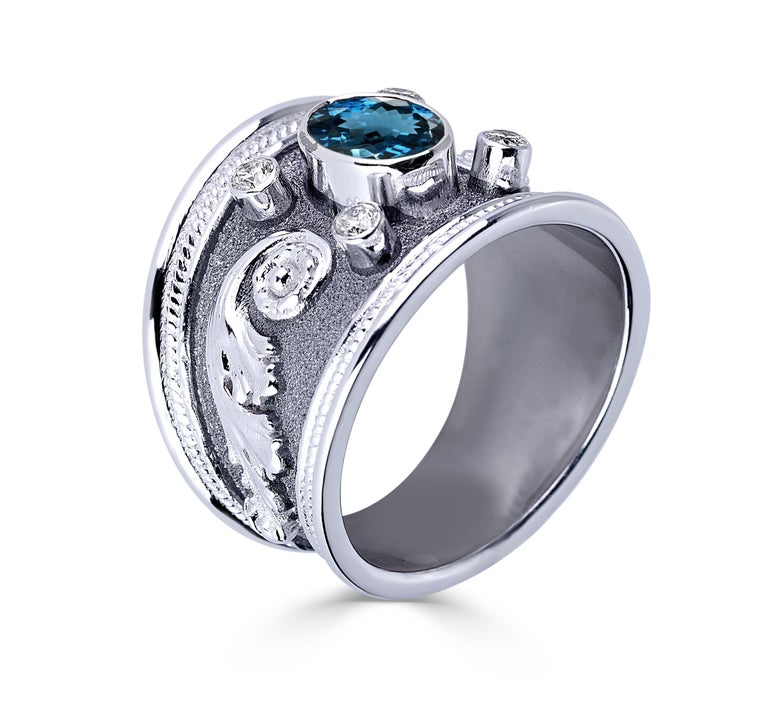 Byzantine Georgios Collections 18 Karat White Gold Diamond  Blue Topaz Wide Band Ring For Sale