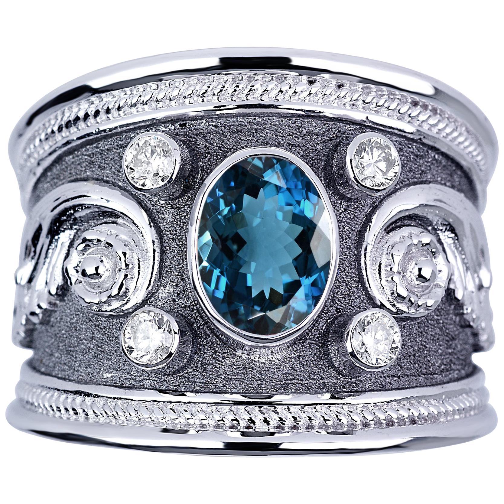Georgios Collections 18 Karat White Gold Diamond  Blue Topaz Wide Band Ring