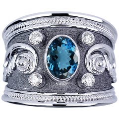 Georgios Collections 18 Karat White Gold Diamond  Blue Topaz Wide Band Ring