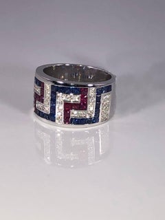 Georgios Collections 18 Karat White Gold Diamond Sapphires and Rubies Greek Ring