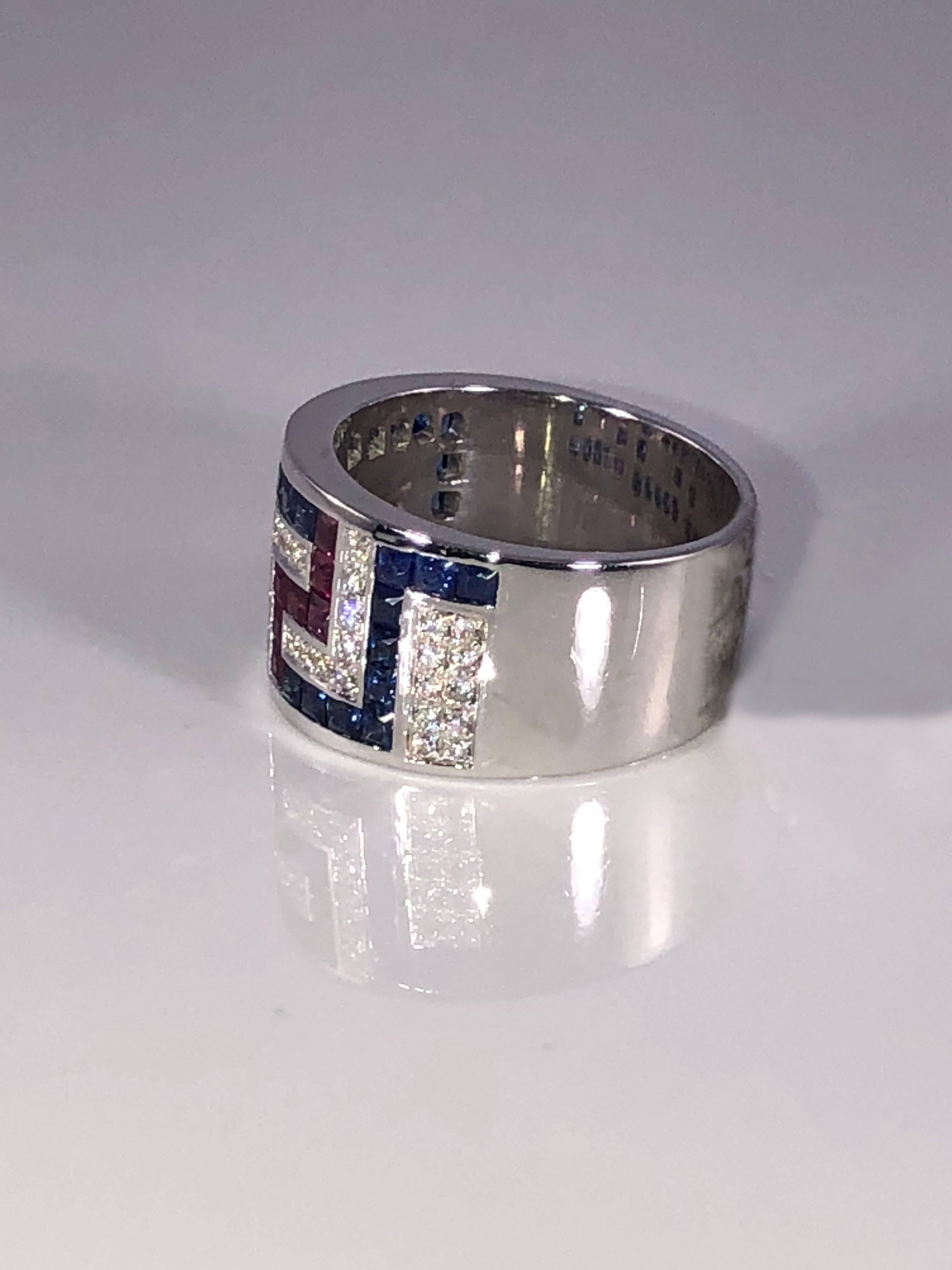 Georgios Collections 18 Karat White Gold Diamond Sapphires and Rubies Greek Ring In New Condition For Sale In Astoria, NY
