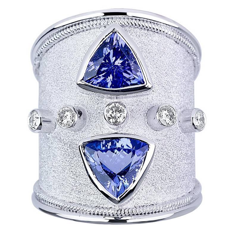 Georgios Collections 18 Karat White Gold Diamond Tanzanite Trilliants Band Ring For Sale