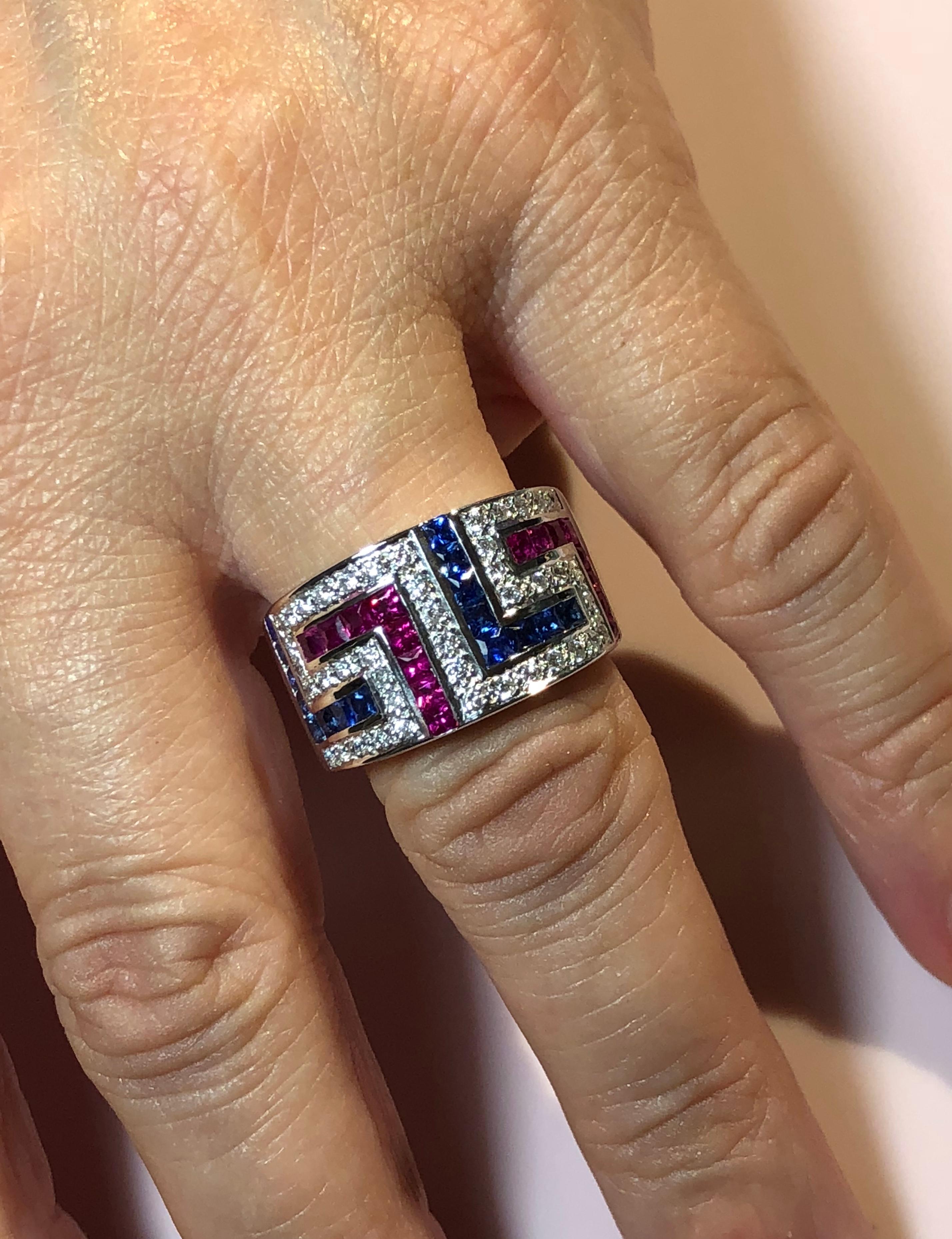 Princess Cut Georgios Collections 18 Karat White Gold Diamond Sapphire Ruby  Greek Key Ring For Sale