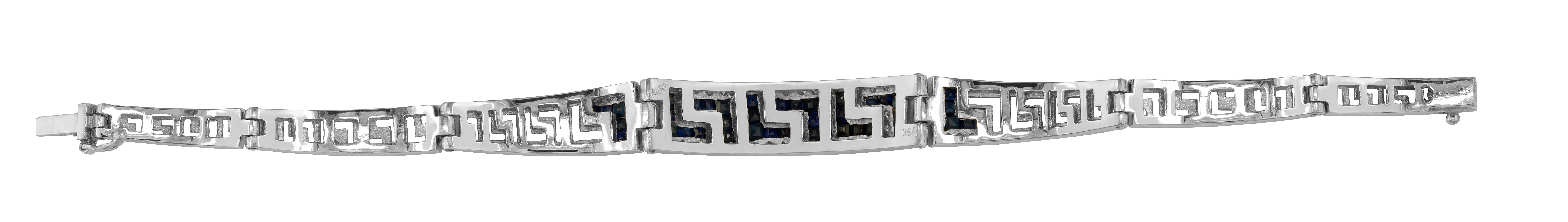 Classical Greek Georgios Collections 18 Karat White Gold Diamond Sapphire Greek Key Bracelet For Sale