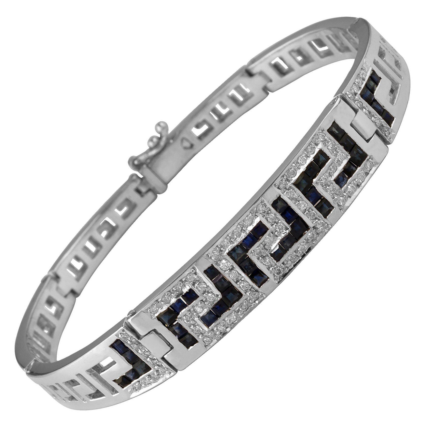 Pulsera Llave Griega Georgios Collections Oro Blanco 18 Kilates Diamante Zafiro en venta