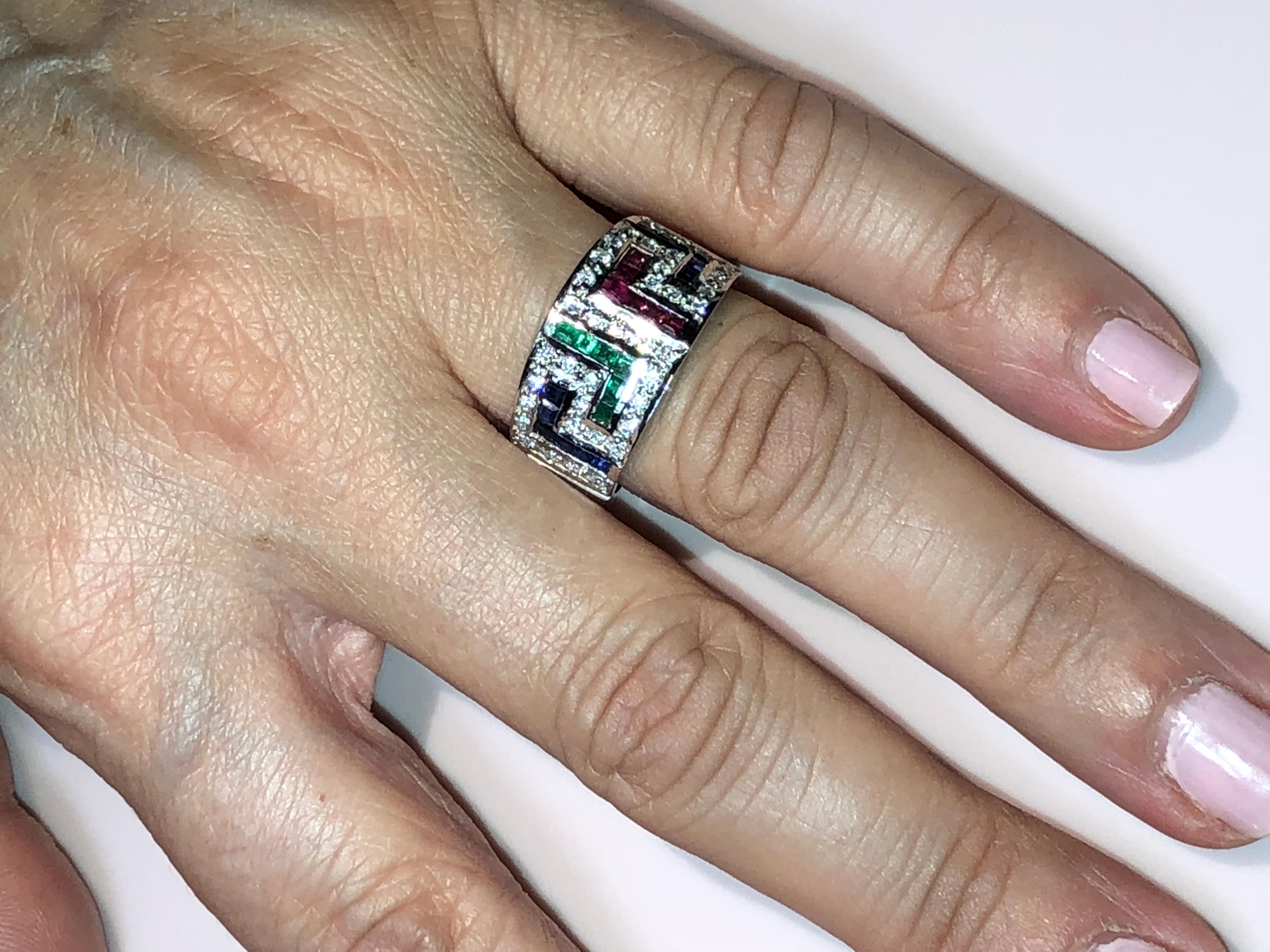 Princess Cut Georgios Collections 18 Karat White Gold Diamond Sapphire Ruby Emerald Key Ring For Sale