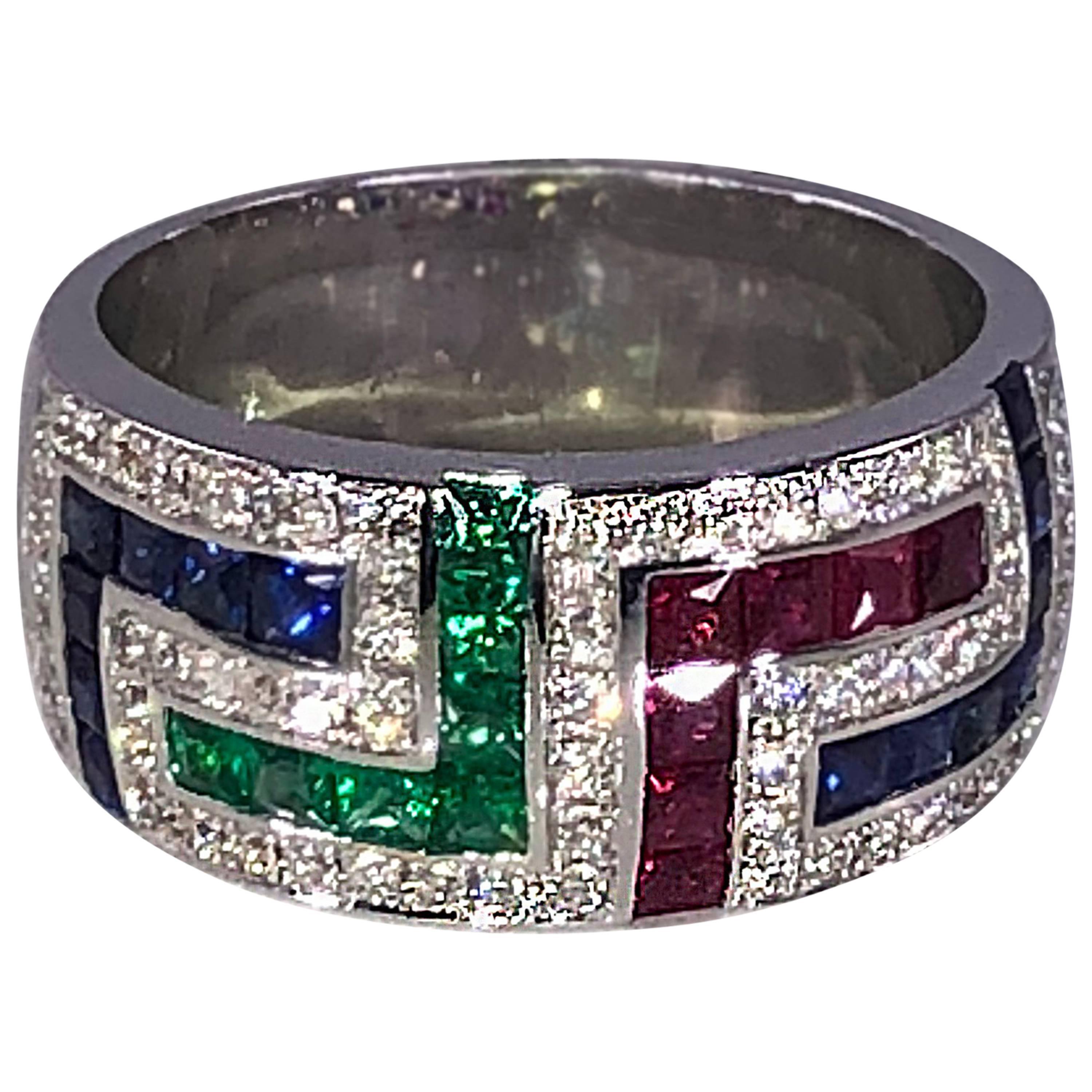 Georgios Collections 18 Karat White Gold Diamond Sapphire Ruby Emerald Key Ring