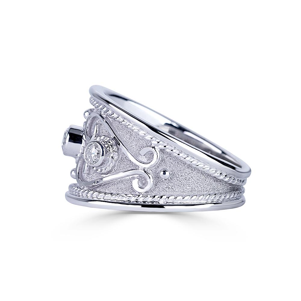 Byzantine Georgios Collections 18 Karat White Gold Diamond Wide Band Ring With Granulation