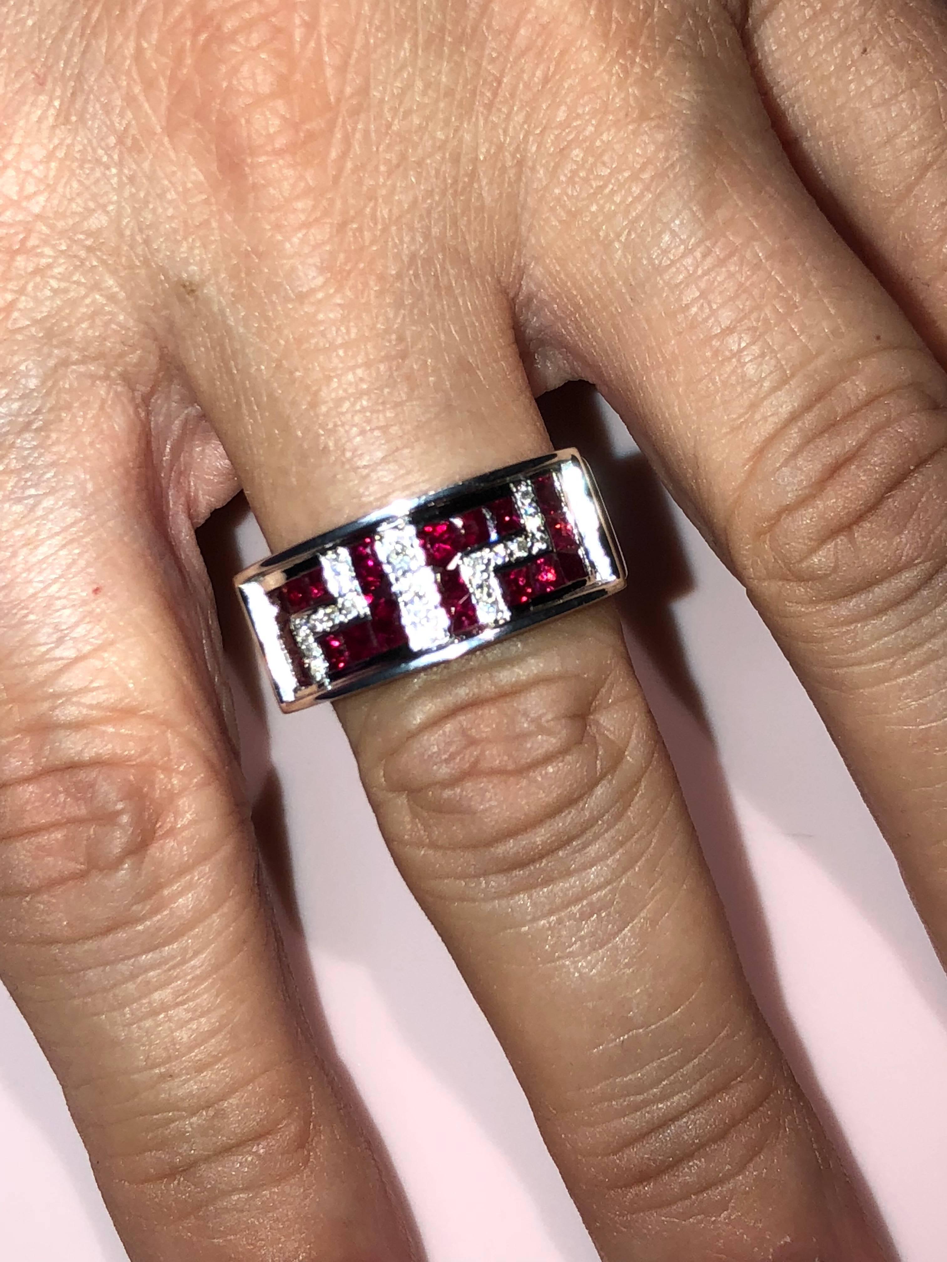 Princess Cut Georgios Collections 18 Karat White Gold Diamonds and Rubies Greek Design Ring For Sale