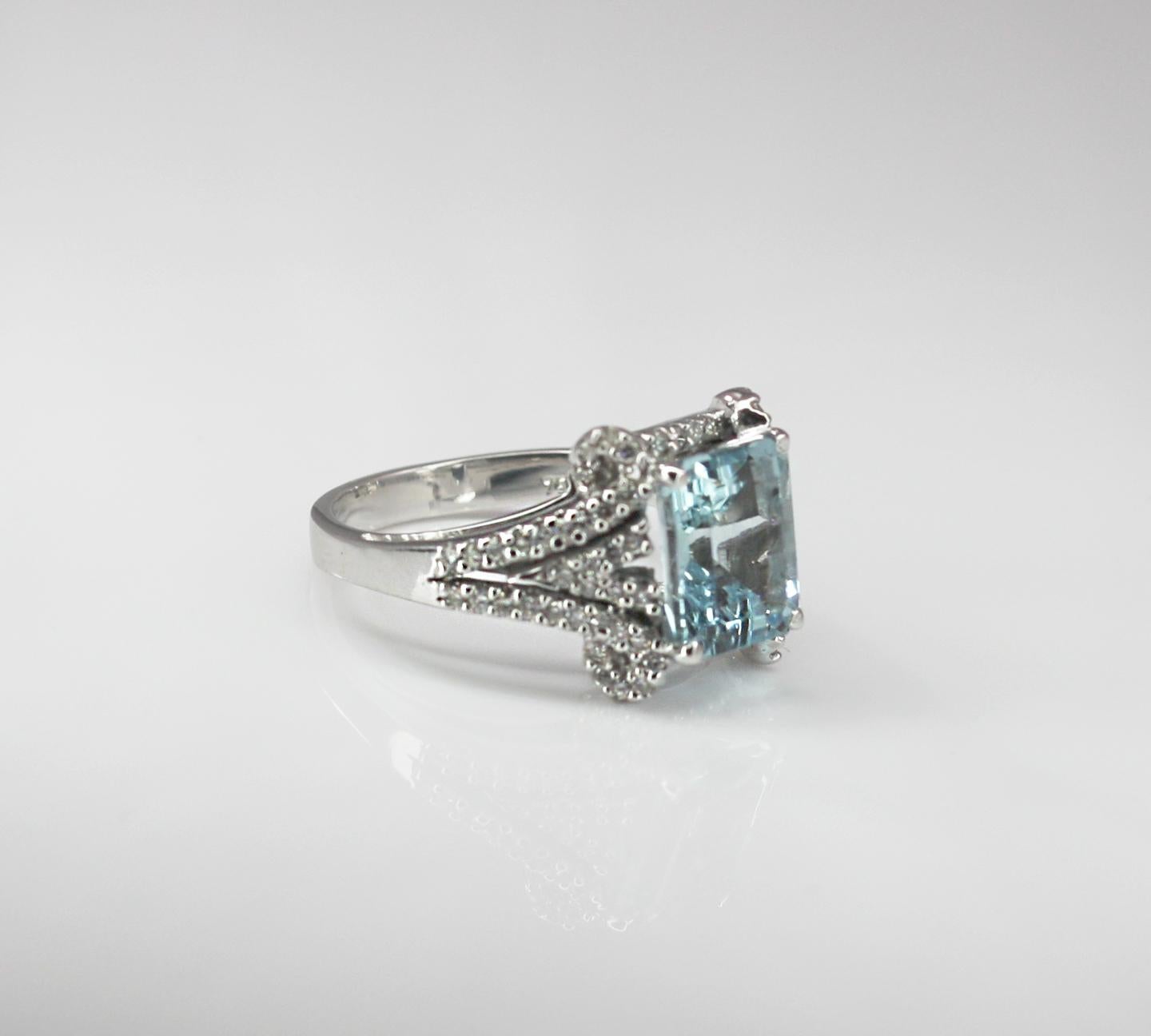 Georgios Collections 18 Karat White Gold Emerald Cut Aquamarine and Diamond Ring For Sale 6