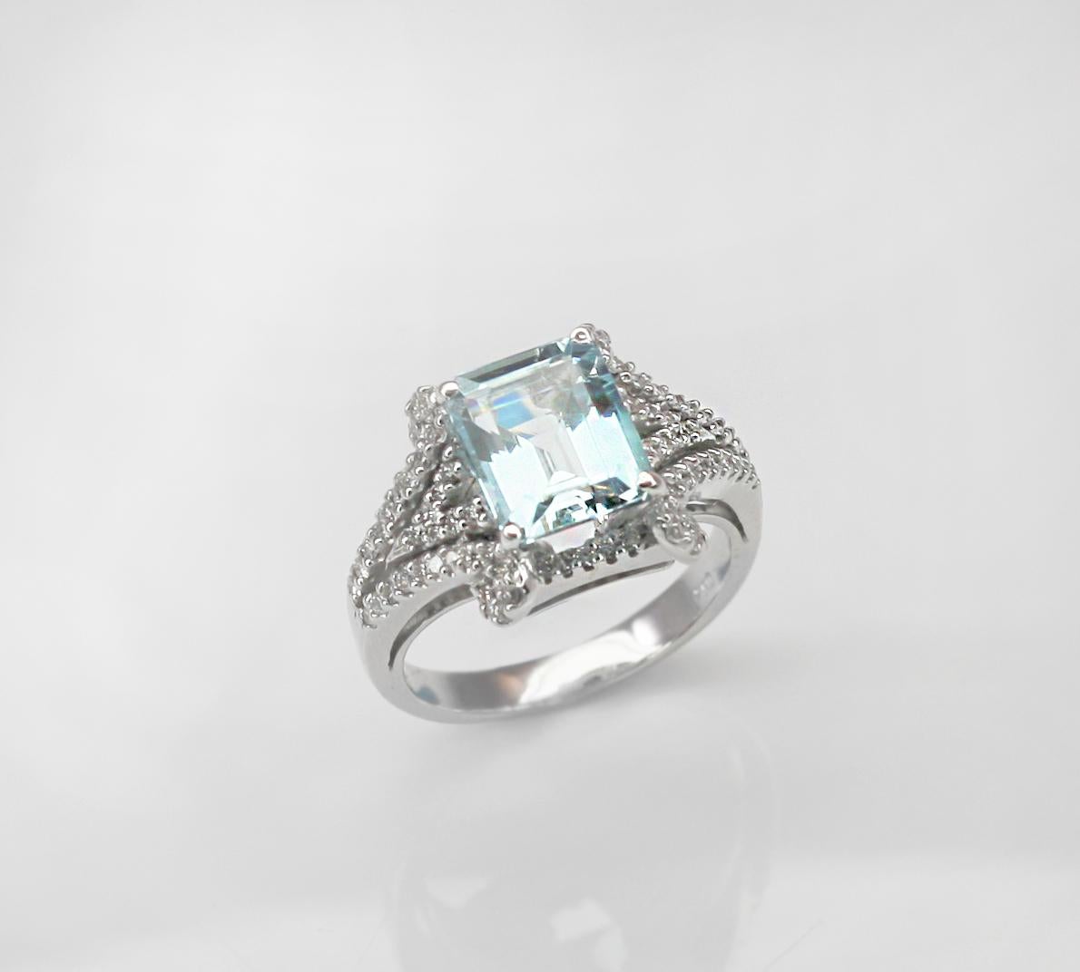 Georgios Collections 18 Karat White Gold Emerald Cut Aquamarine and Diamond Ring For Sale 9
