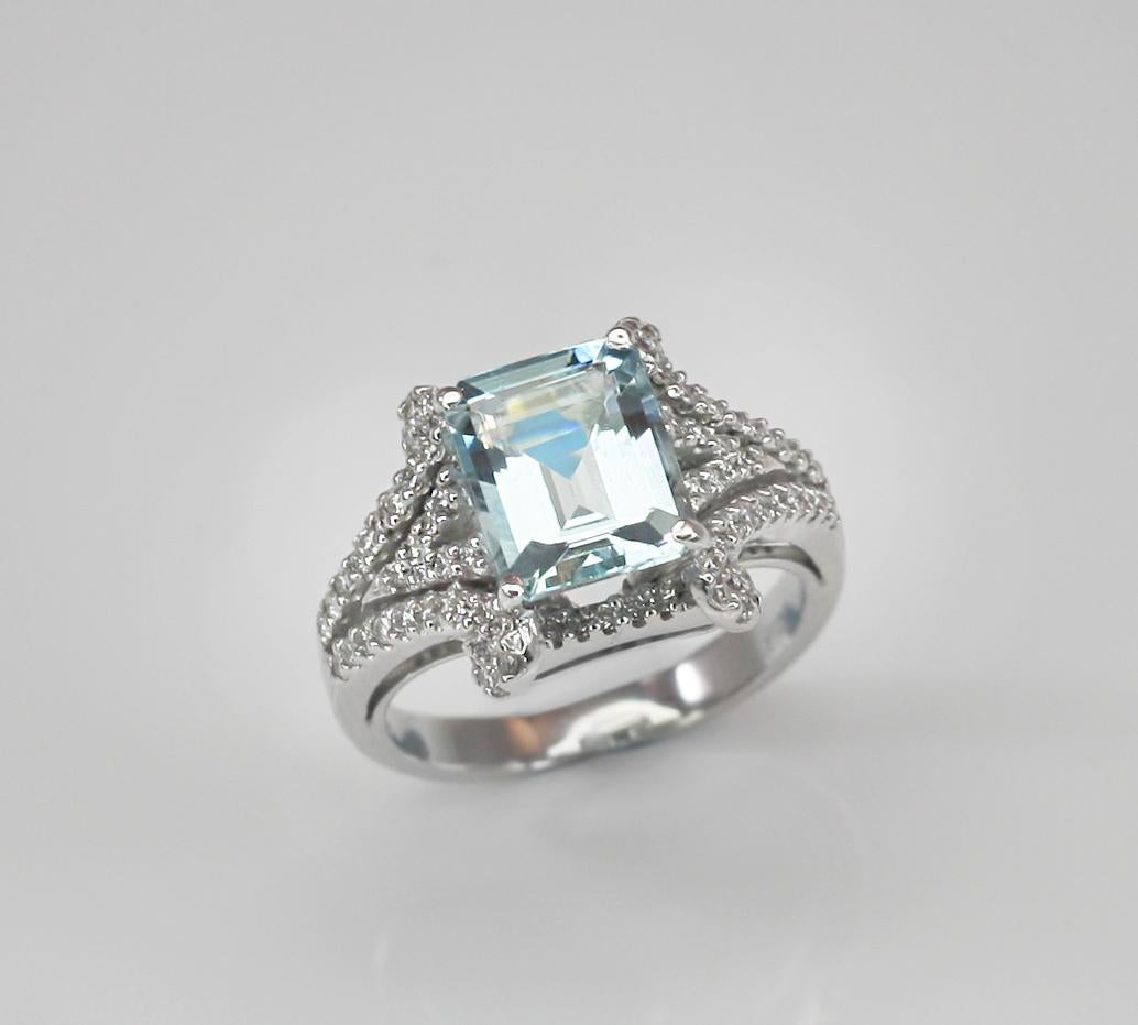 Georgios Collections 18 Karat White Gold Emerald Cut Aquamarine and Diamond Ring For Sale 11