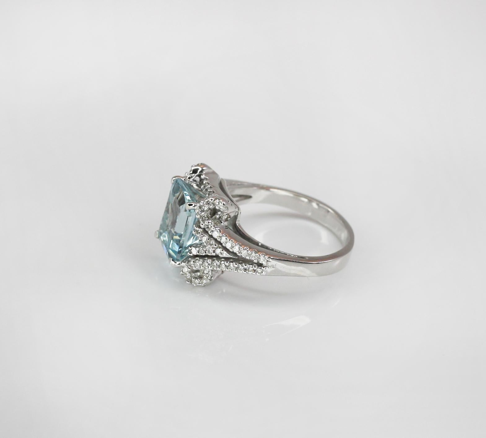 Contemporary Georgios Collections 18 Karat White Gold Emerald Cut Aquamarine and Diamond Ring For Sale