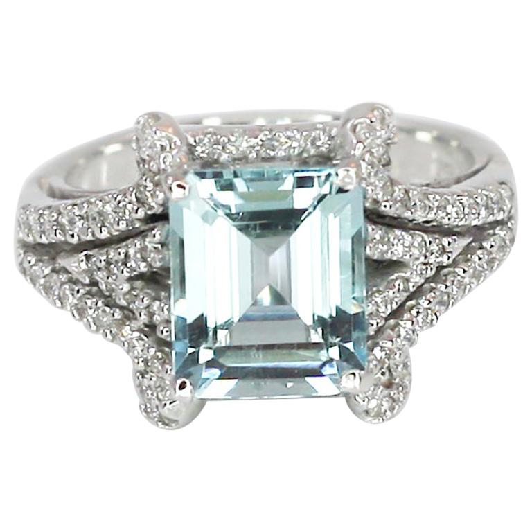 Georgios Collections 18 Karat White Gold Emerald Cut Aquamarine and Diamond Ring For Sale