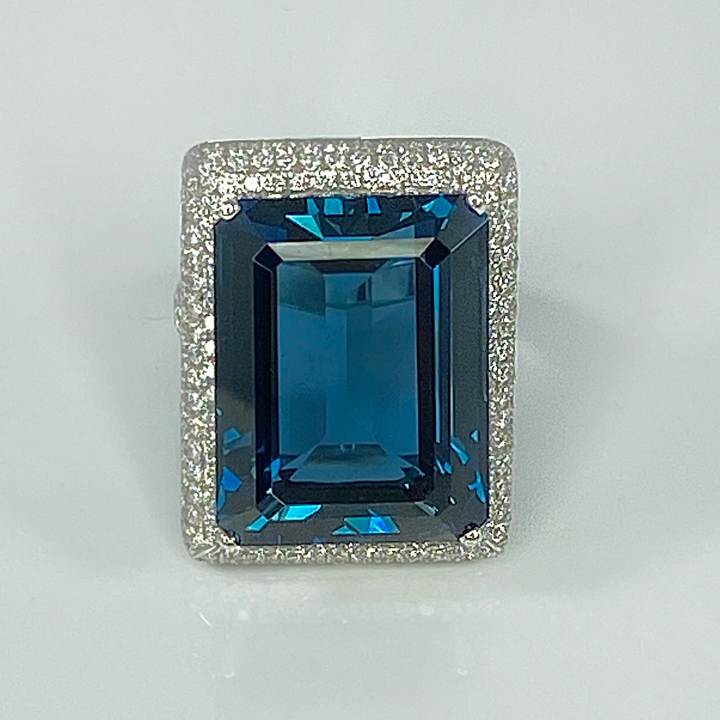 Georgios Collections 18 Karat White Gold Emerald Cut London Topaz Diamond Ring For Sale 6