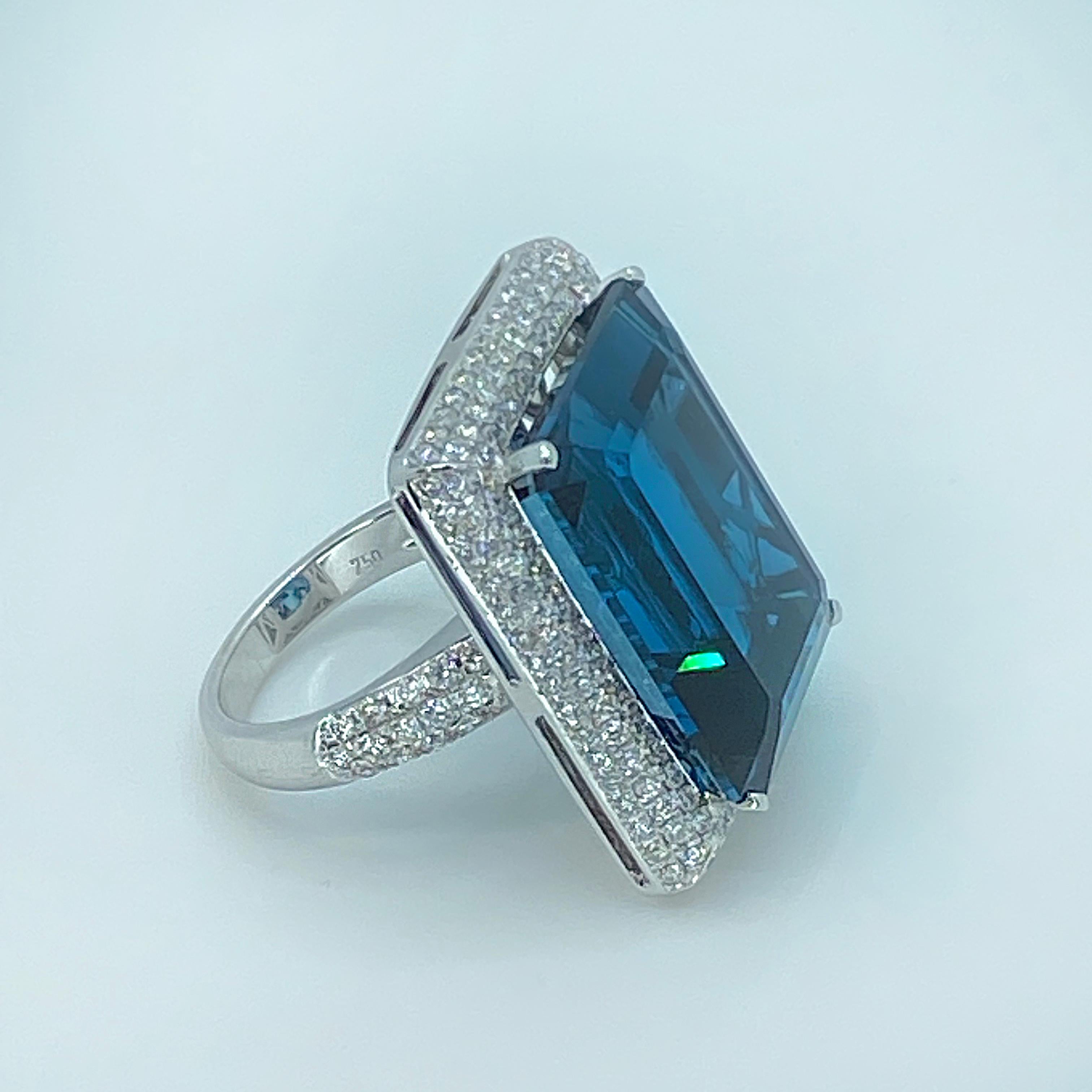 Georgios Collections 18 Karat White Gold Emerald Cut London Topaz Diamond Ring In New Condition For Sale In Astoria, NY