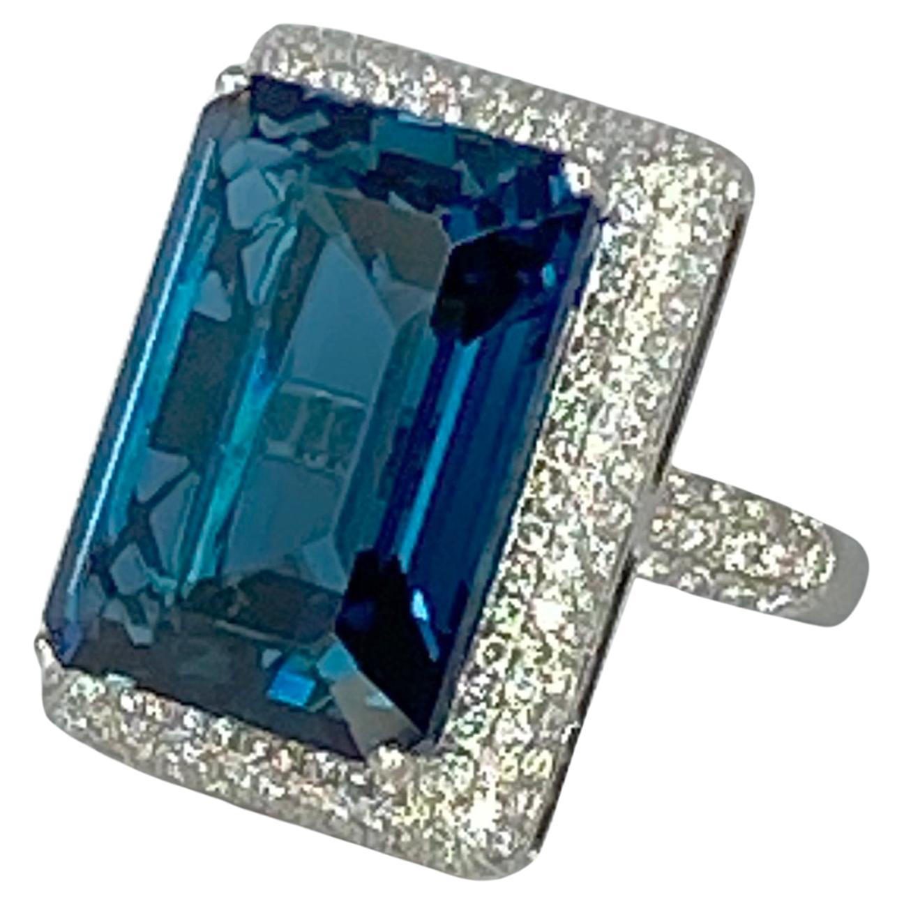 Georgios Collections 18 Karat White Gold Emerald Cut London Topaz Diamond Ring For Sale
