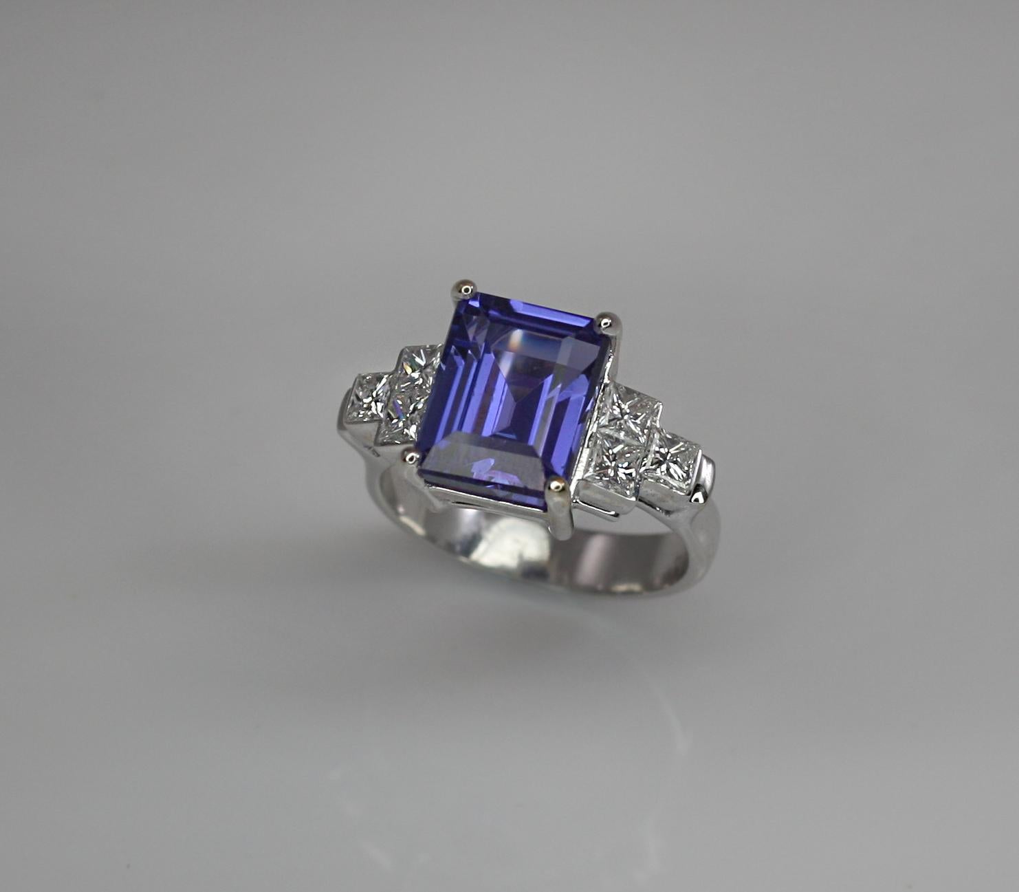 Georgios Collections 18 Karat White Gold Emerald Cut Tanzanite and Diamond Ring For Sale 5