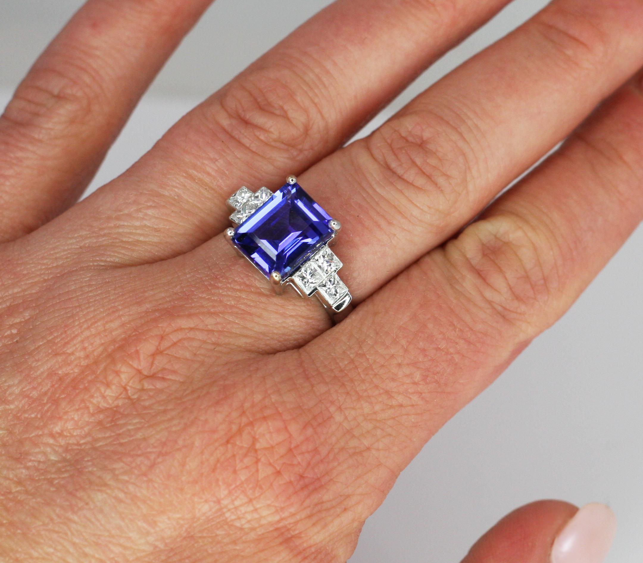 Georgios Collections 18 Karat White Gold Emerald Cut Tanzanite and Diamond Ring For Sale 6