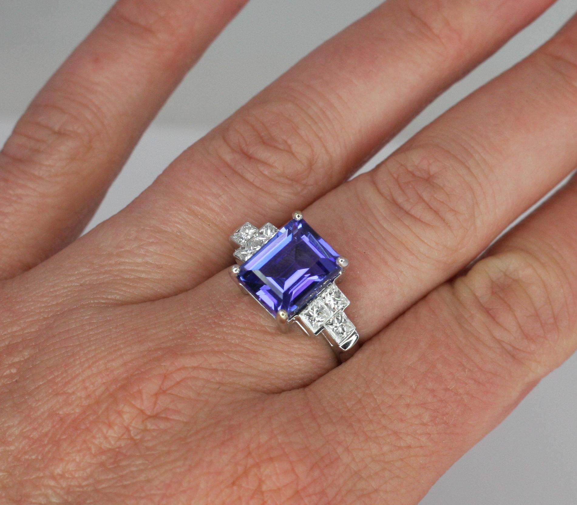 Georgios Collections 18 Karat White Gold Emerald Cut Tanzanite and Diamond Ring For Sale 7