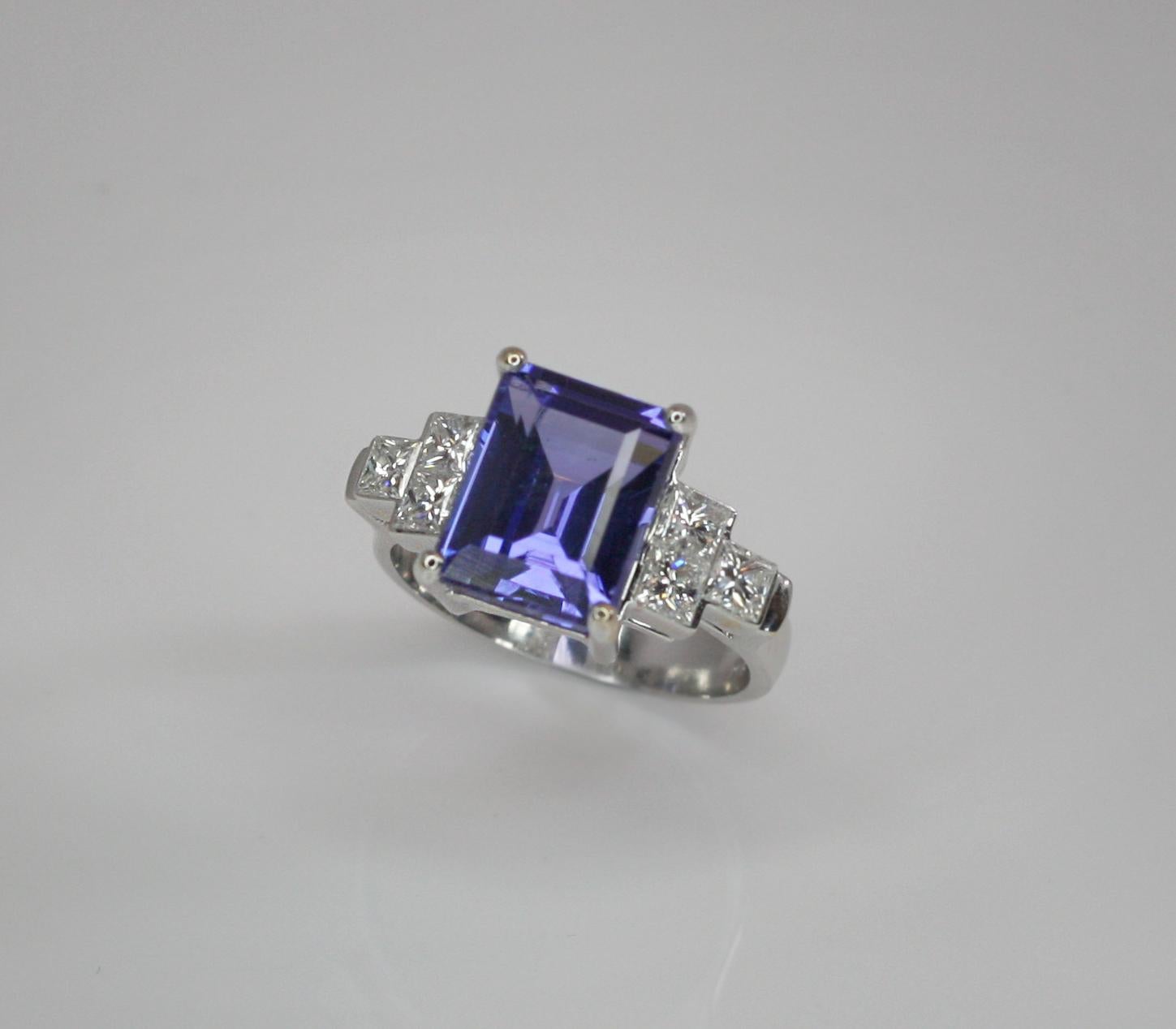 Georgios Collections 18 Karat White Gold Emerald Cut Tanzanite and Diamond Ring For Sale 8