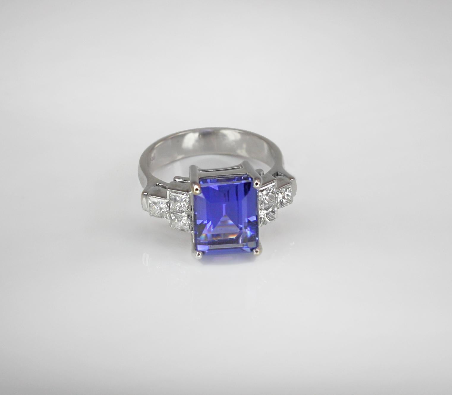 Georgios Collections 18 Karat White Gold Emerald Cut Tanzanite and Diamond Ring For Sale 9