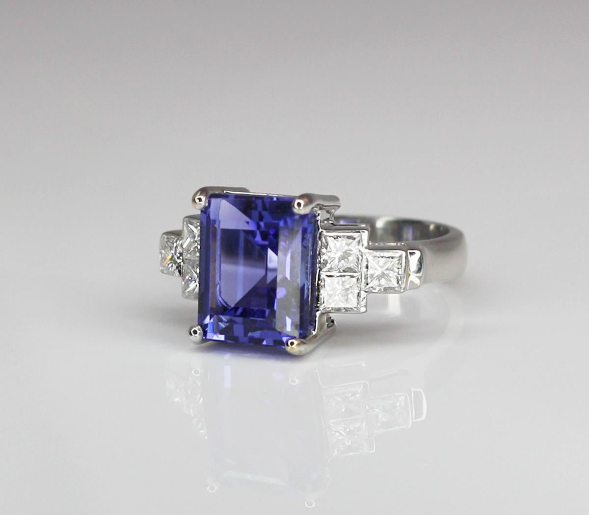 Georgios Collections 18 Karat White Gold Emerald Cut Tanzanite and Diamond Ring For Sale 10