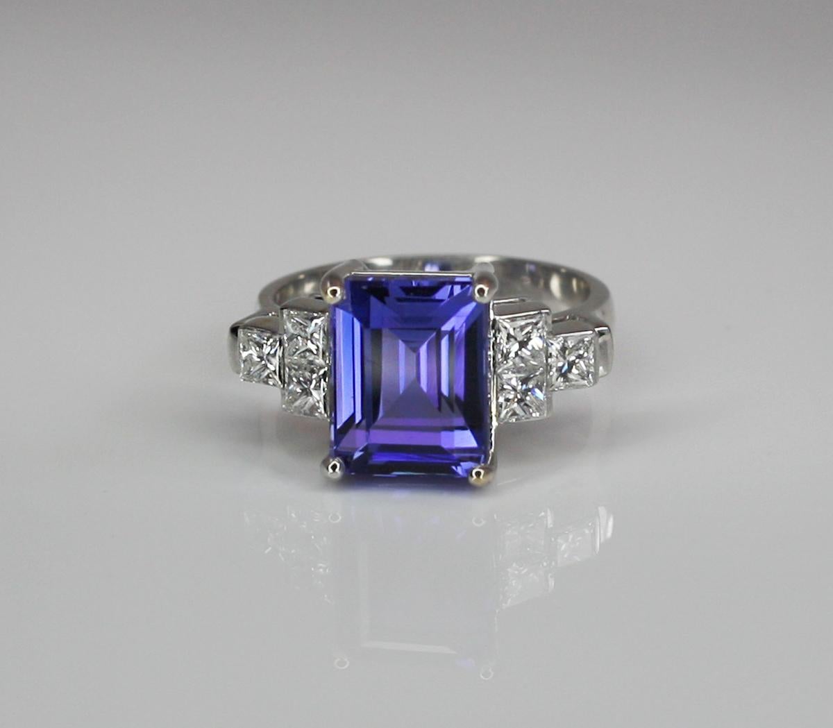 Contemporary Georgios Collections 18 Karat White Gold Emerald Cut Tanzanite and Diamond Ring For Sale