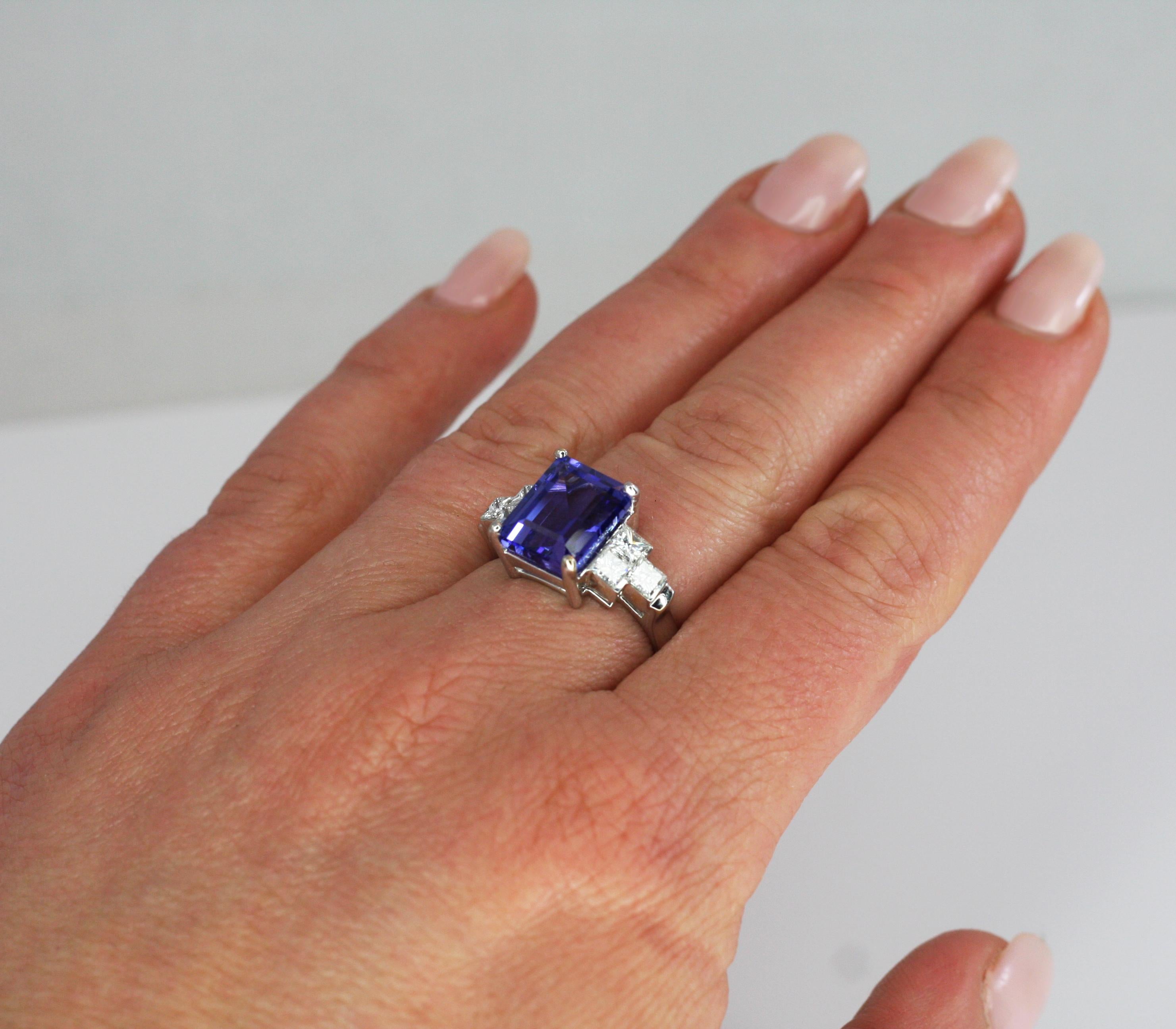 Georgios Collections 18 Karat White Gold Emerald Cut Tanzanite and Diamond Ring In New Condition For Sale In Astoria, NY