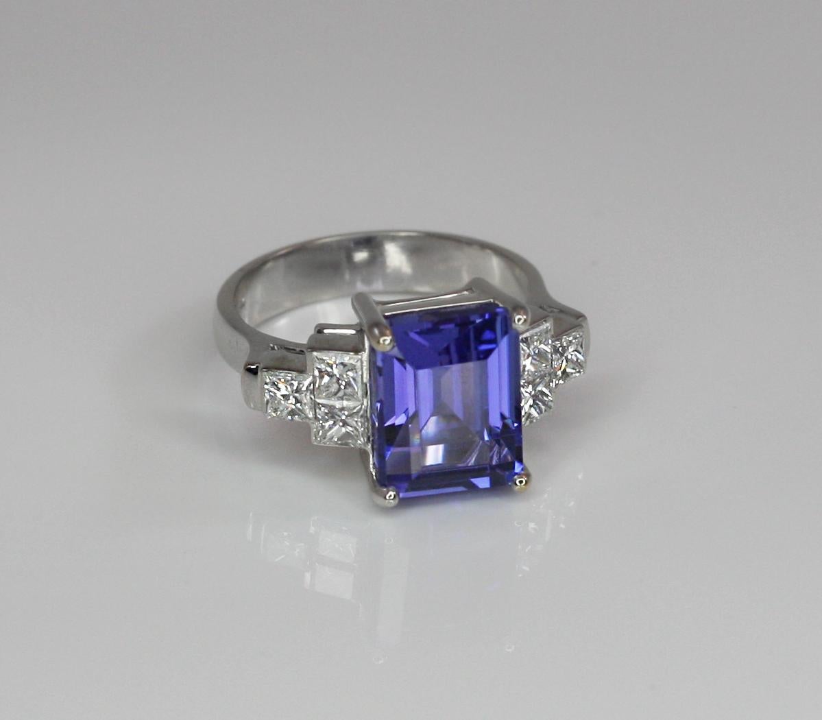 Georgios Collections 18 Karat White Gold Emerald Cut Tanzanite and Diamond Ring For Sale 2