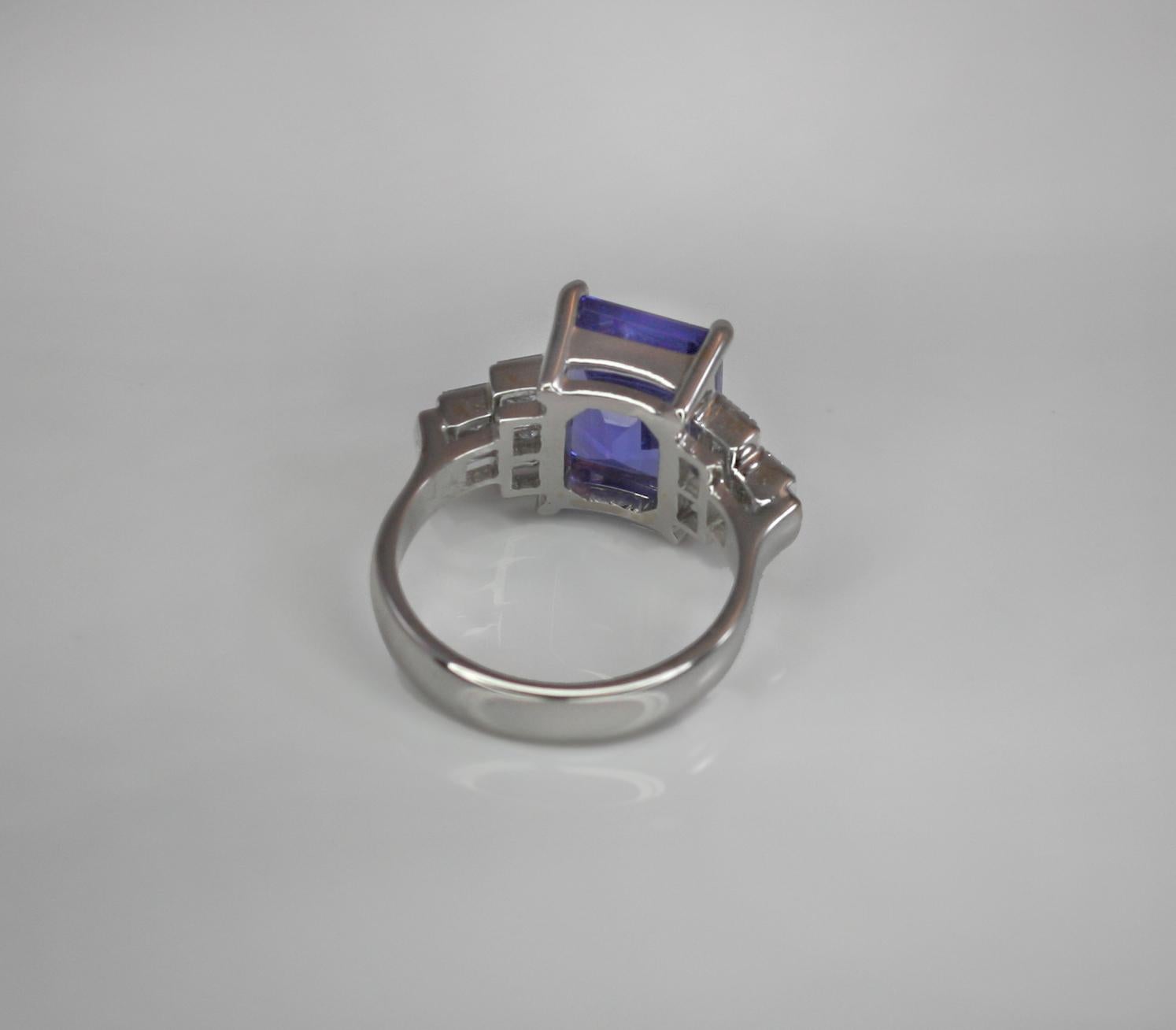 Georgios Collections 18 Karat White Gold Emerald Cut Tanzanite and Diamond Ring For Sale 3