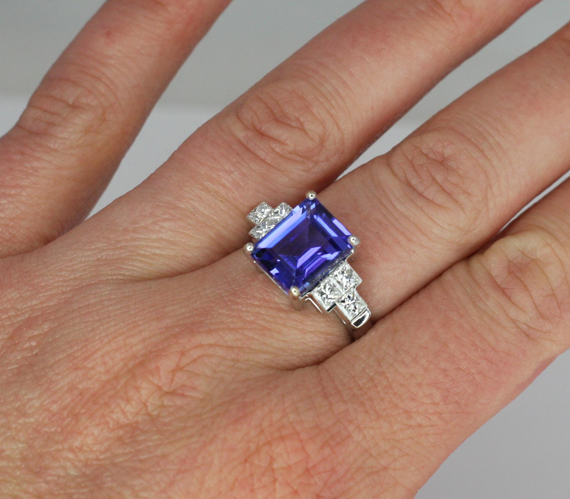 Georgios Collections 18 Karat White Gold Emerald Cut Tanzanite and Diamond Ring For Sale 4
