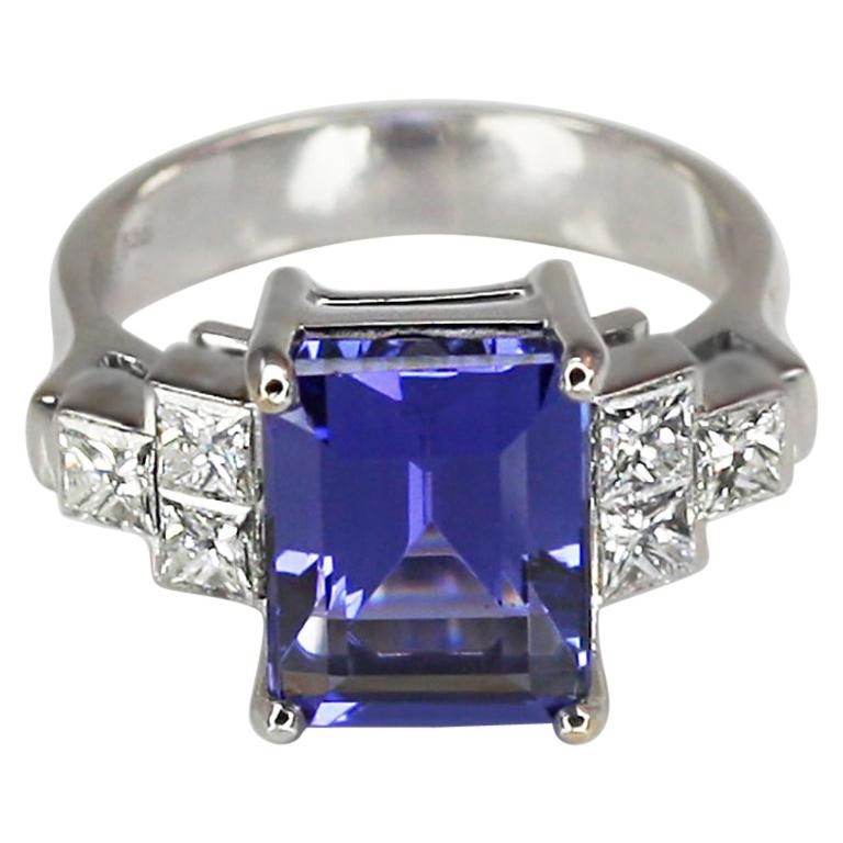 Georgios Collections 18 Karat White Gold Emerald Cut Tanzanite and Diamond Ring For Sale