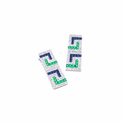 Georgios Collections 18 Karat White Gold Greca Sapphire and Emerald Earrings