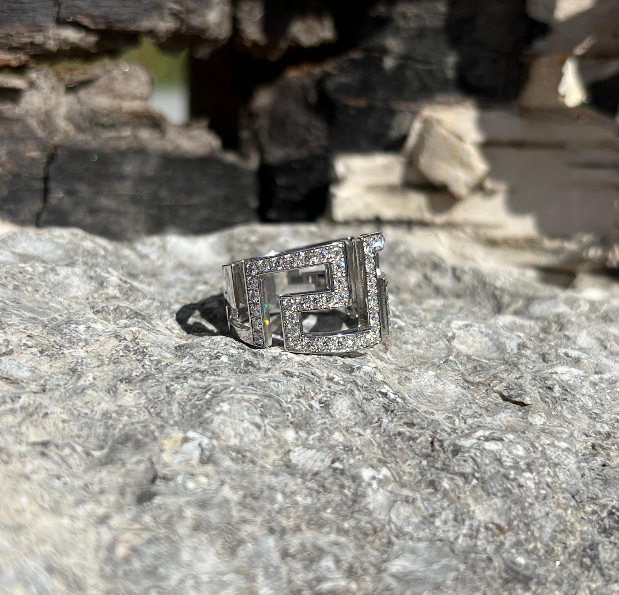 You are admiring S. Georgios designer 18 Karat White Gold Hand Made Diamond Ring with the Greek Key design that symbolizes eternity. It is known as the symbol of long life and it is one of the most popular designs in the world.
The Ring is decorated