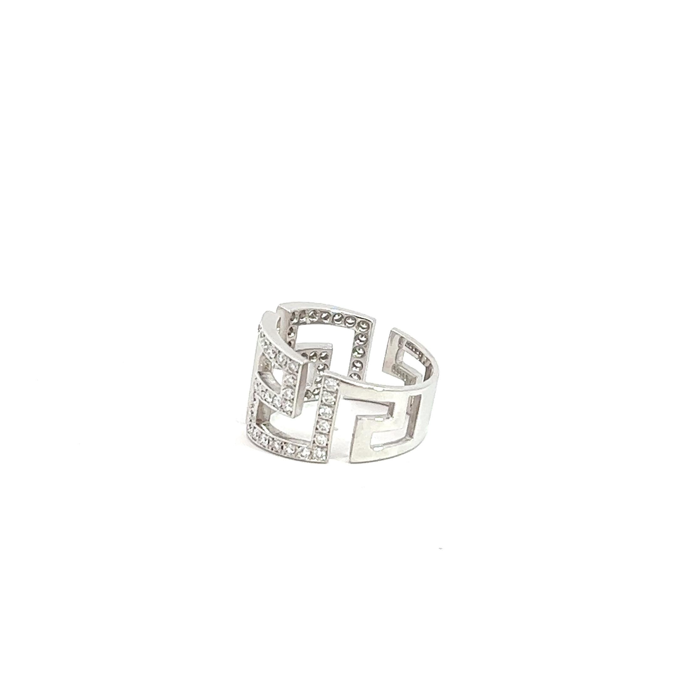 Round Cut Georgios Collections 18 Karat White Gold Greek Key Designer Ring with Diamonds For Sale